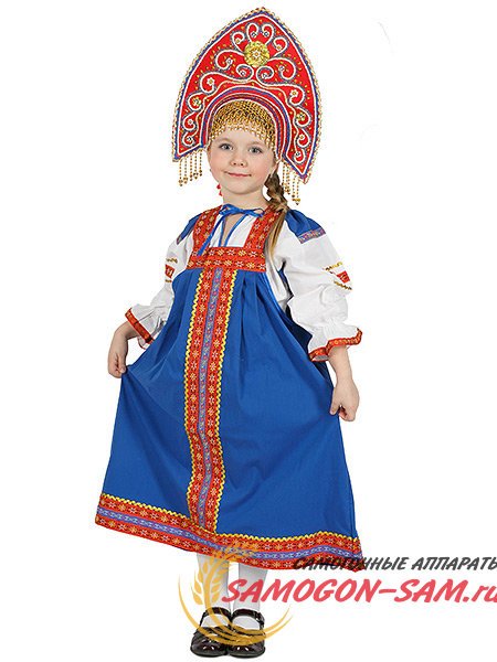 Русский народный костюм "Забава" детский льняной синий сарафан и блузка 7-12 лет фото 1 — Samogon-sam.ru