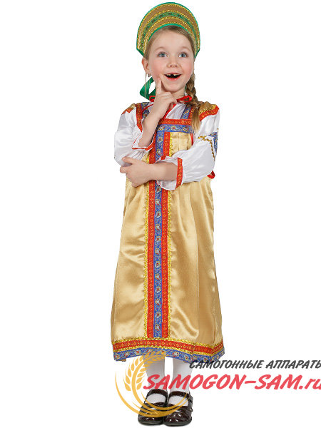 Русский народный костюм "Василиса" детский золотистый атласный сарафан и блузка 7-12 лет фото 1 — Samogon-sam.ru