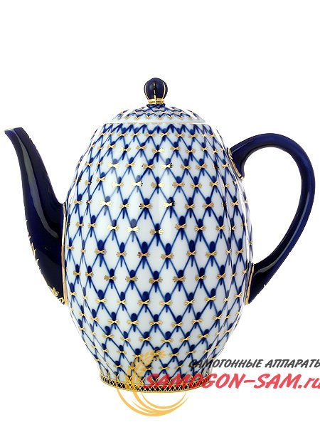 Фарфоровый кофейник форма Тюльпан рисунок Кобальтовая сетка Императорский фарфоровый завод фото 1 — Samogon-sam.ru