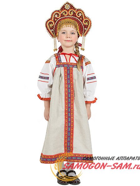 Русский народный костюм "Забава" детский льняной бежевый сарафан и блузка 7-12 лет фото 1 — Samogon-sam.ru