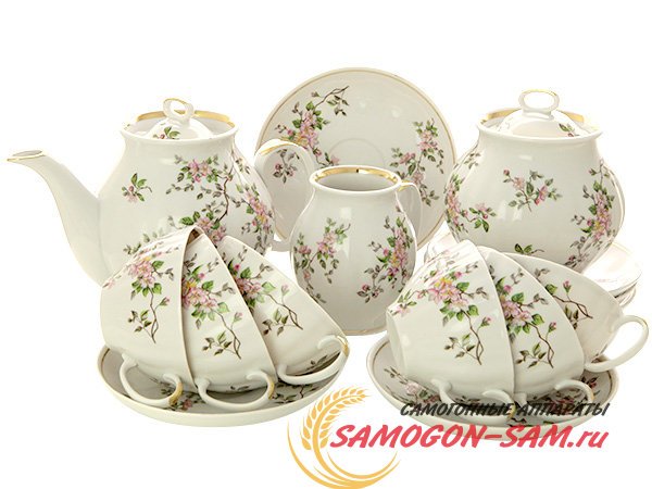 Дулевский чайный сервиз форма "Белый Лебедь" рисунок "Цветение" 6/15 фото 1 — Samogon-sam.ru