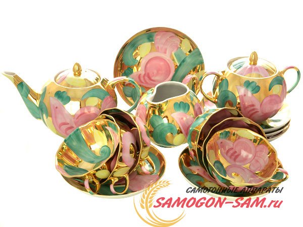 Дулевский чайный сервиз форма "Тюльпан" рисунок "Розовая птица" 6/15 фото 1 — Samogon-sam.ru