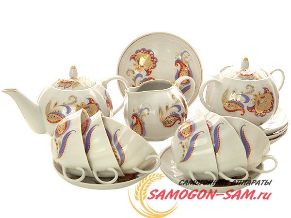 Дулевский чайный сервиз форма "Тюльпан" рисунок "Перо Жар-птицы" 6/15 фото 1 — Samogon-sam.ru